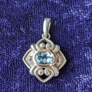 14K Gold And 925 Sterling Silver Pendant With Natural Blue  Aquamarine (?)